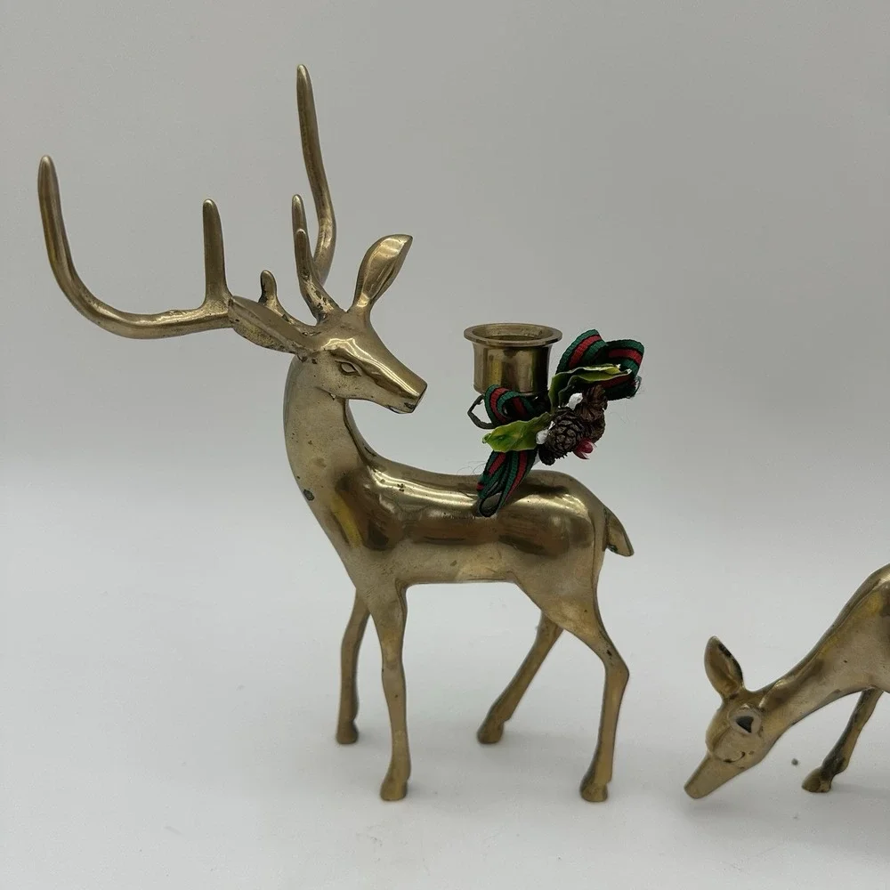 2 Vintage Brass Reindeer Candle Sticks Holders Buck and Doe Set Large Antlers